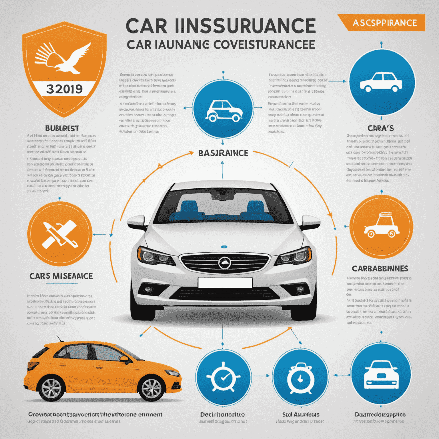 Een infographic die de basisprincipes van autoverzekering uitlegt, met iconen voor verschillende dekkingstypes en belangrijke termen in het Nederlands.