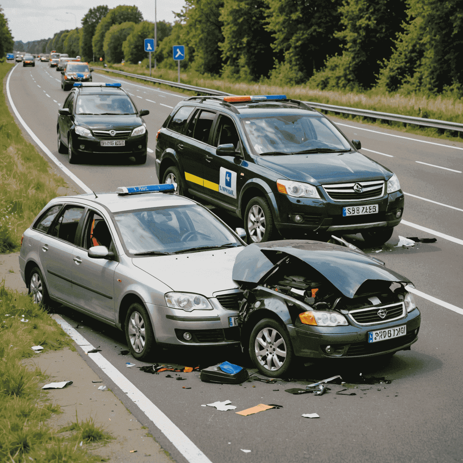 Een auto-ongeluk scène met twee beschadigde voertuigen op een Nederlandse weg, met politie en hulpdiensten ter plaatse