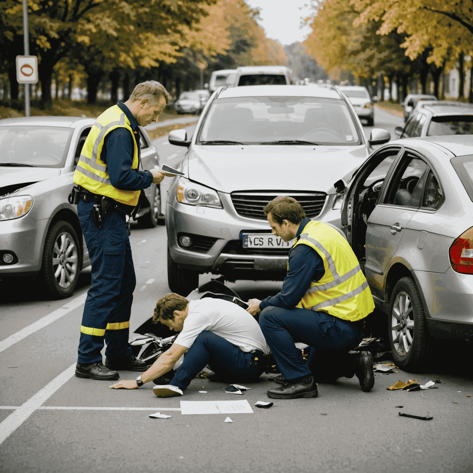 Een afbeelding van een auto-ongeluk scene met twee bestuurders die informatie uitwisselen, illustrerend de stappen die direct na een ongeval genomen moeten worden