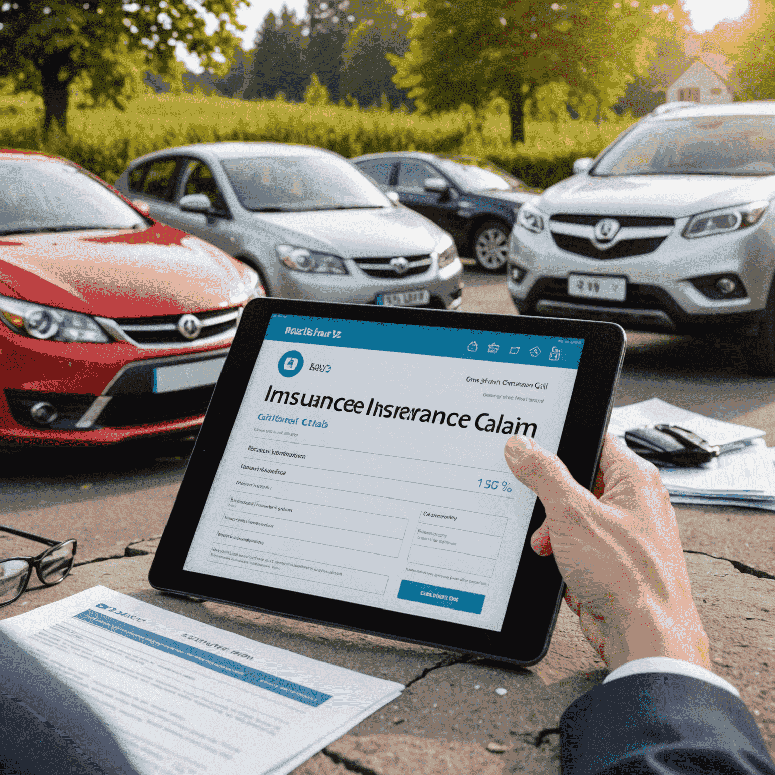 Een afbeelding van iemand die een autoverzekeringsclaim invult op een tablet, met verschillende documenten en een beschadigde auto op de achtergrond