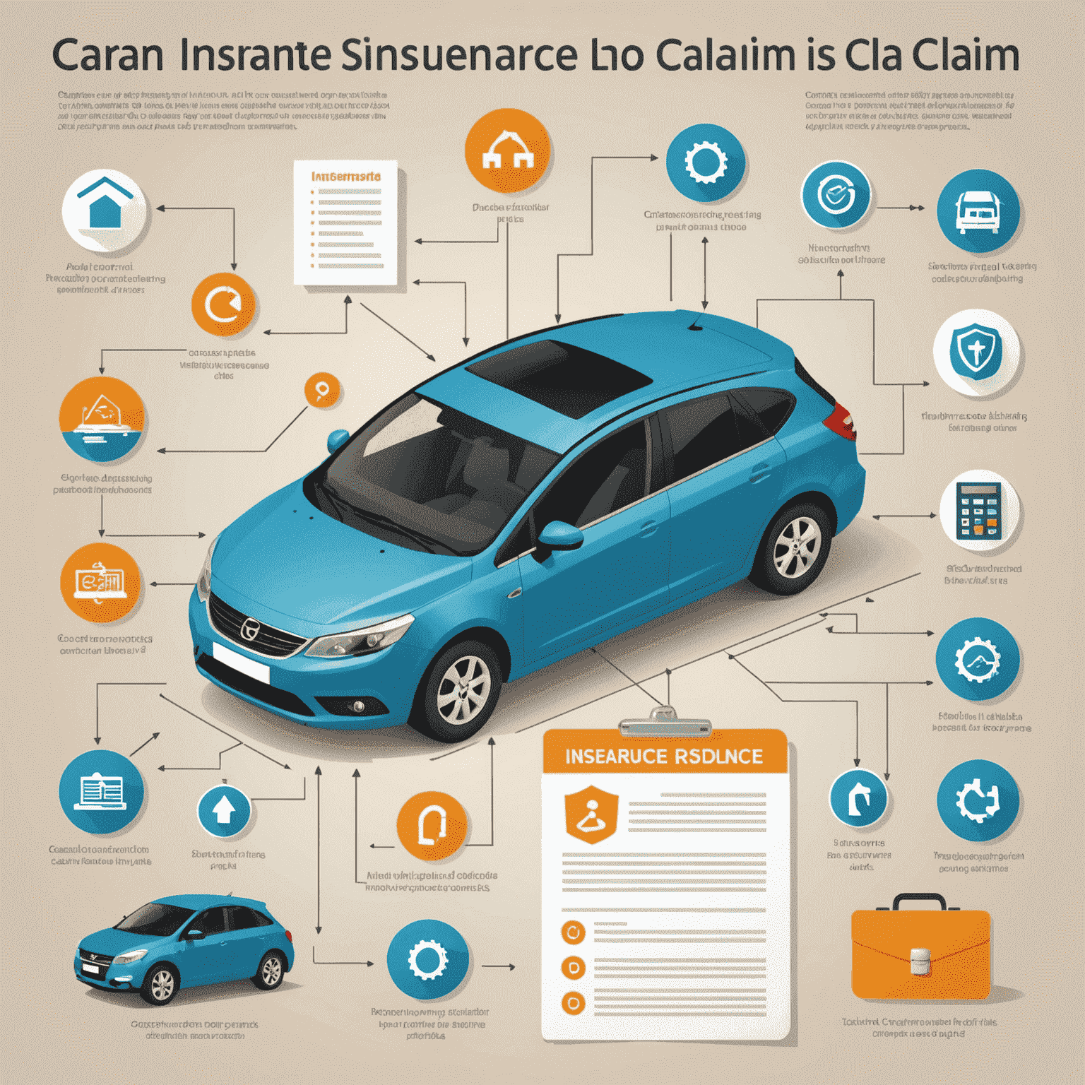 Een schematische weergave van het proces voor het indienen van een autoverzekeringsclaim in Nederland, met iconen voor elk stapje en voorbeelden van benodigde documenten.